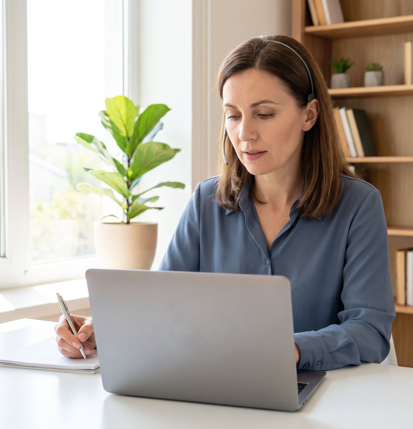 A care team member wearing a headset at her desk in a bright home office, eyes on her laptop, taking notes on a follow-up call