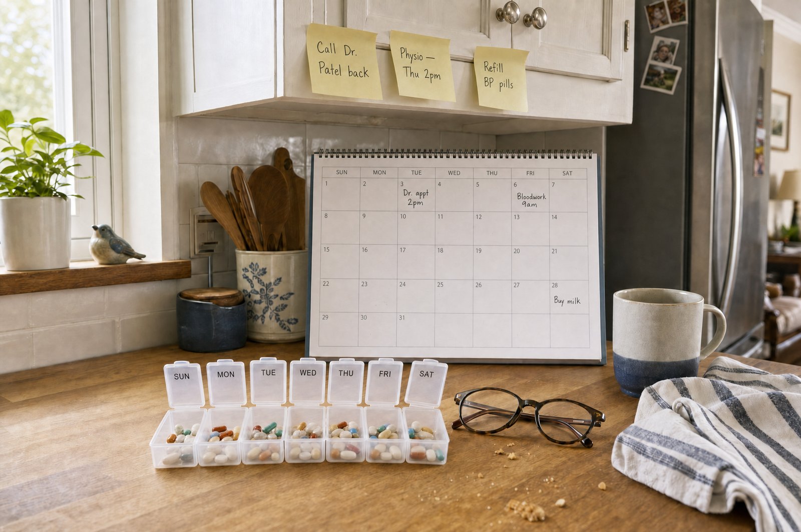 A kitchen counter with a full 7-day pill organizer, a wall calendar, and handwritten sticky notes