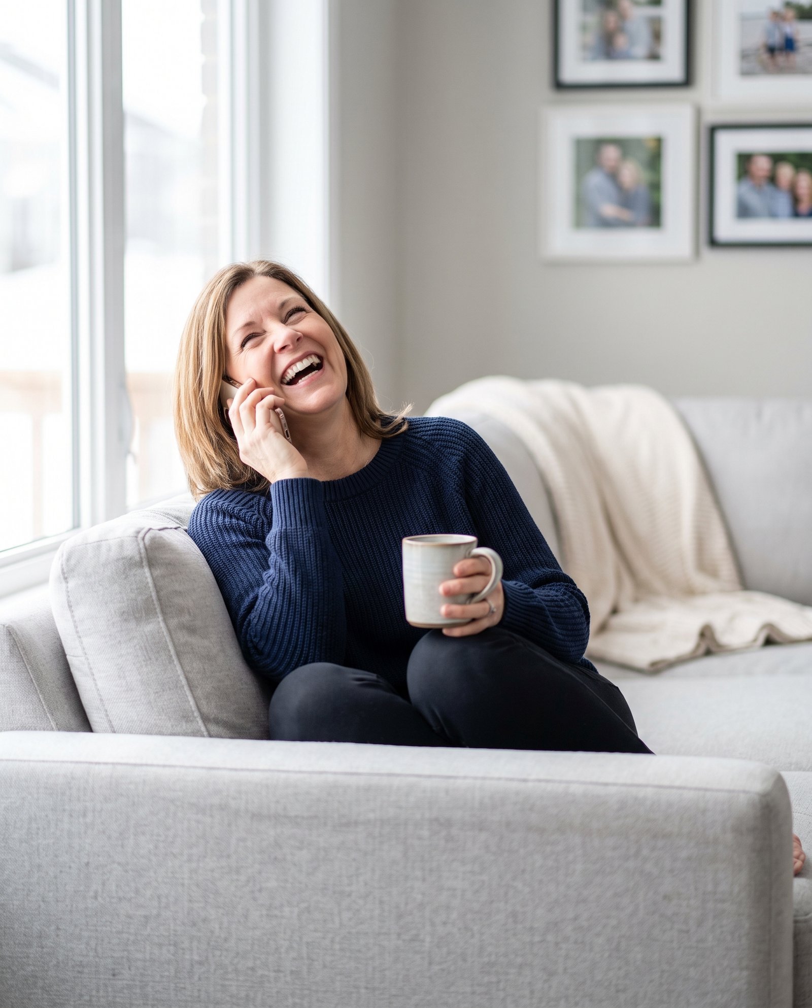 A woman in her fifties laughing on the phone, coffee in hand, curled up on her couch