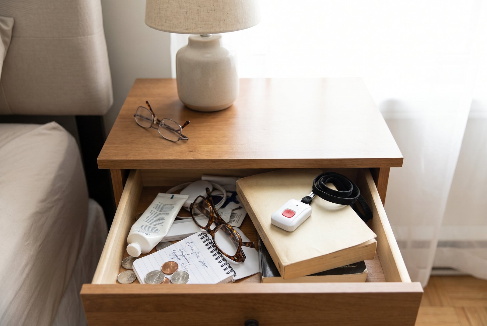 An open nightstand drawer beside a senior's bed, with an alert pendant on its lanyard left among books, glasses and clutter