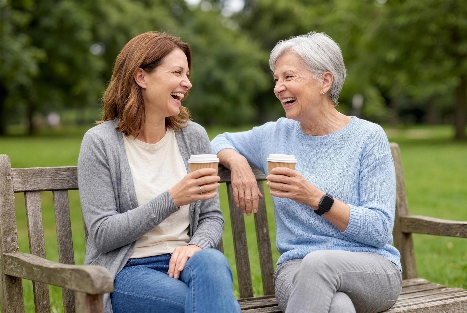 A mother and her adult daughter laughing over takeaway coffees on a park bench, the watch on the mother's left wrist