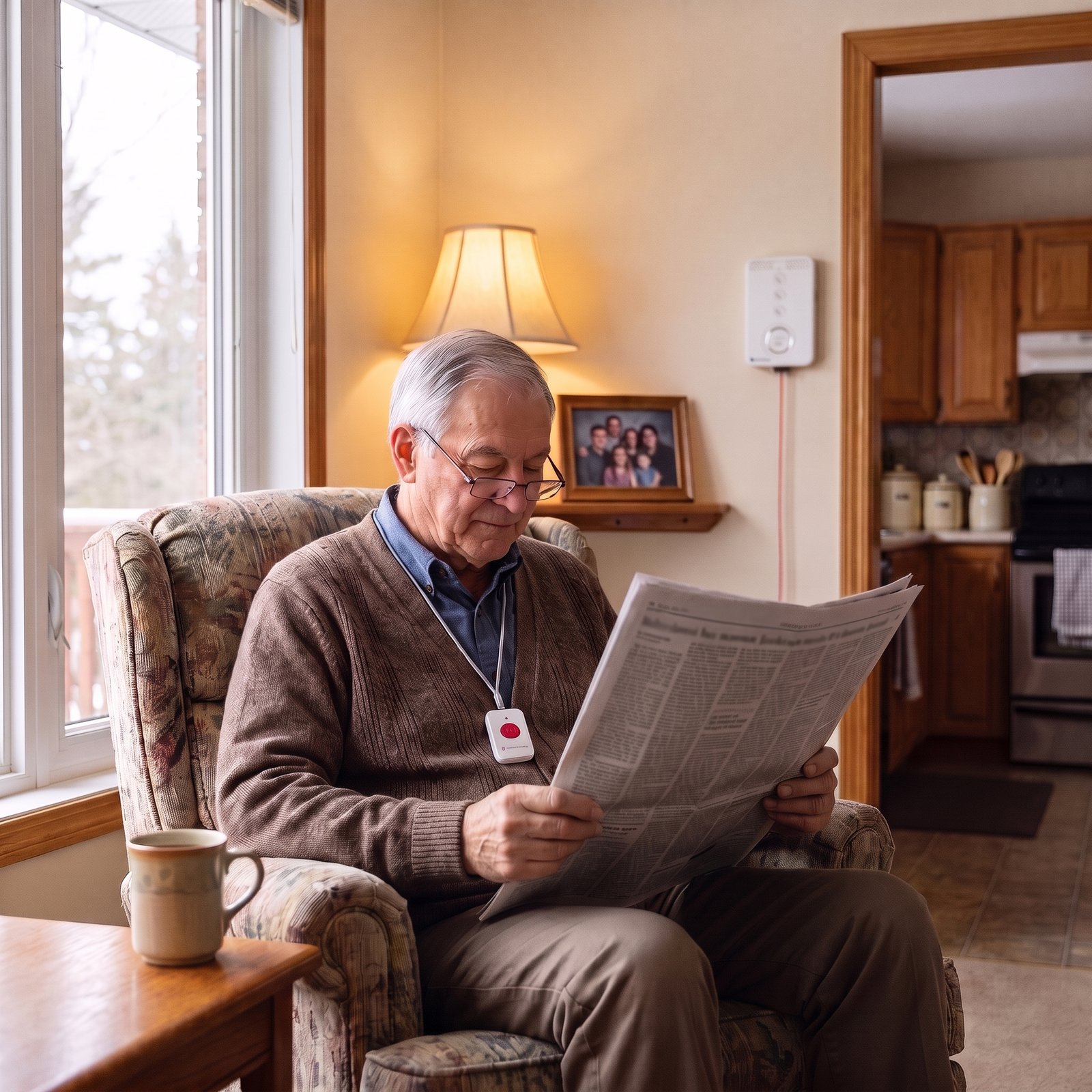 A man in his eighties reading the newspaper in his armchair by the window, wearing the help button on its lanyard, with the base unit and its red pull cord on the wall by the kitchen doorway