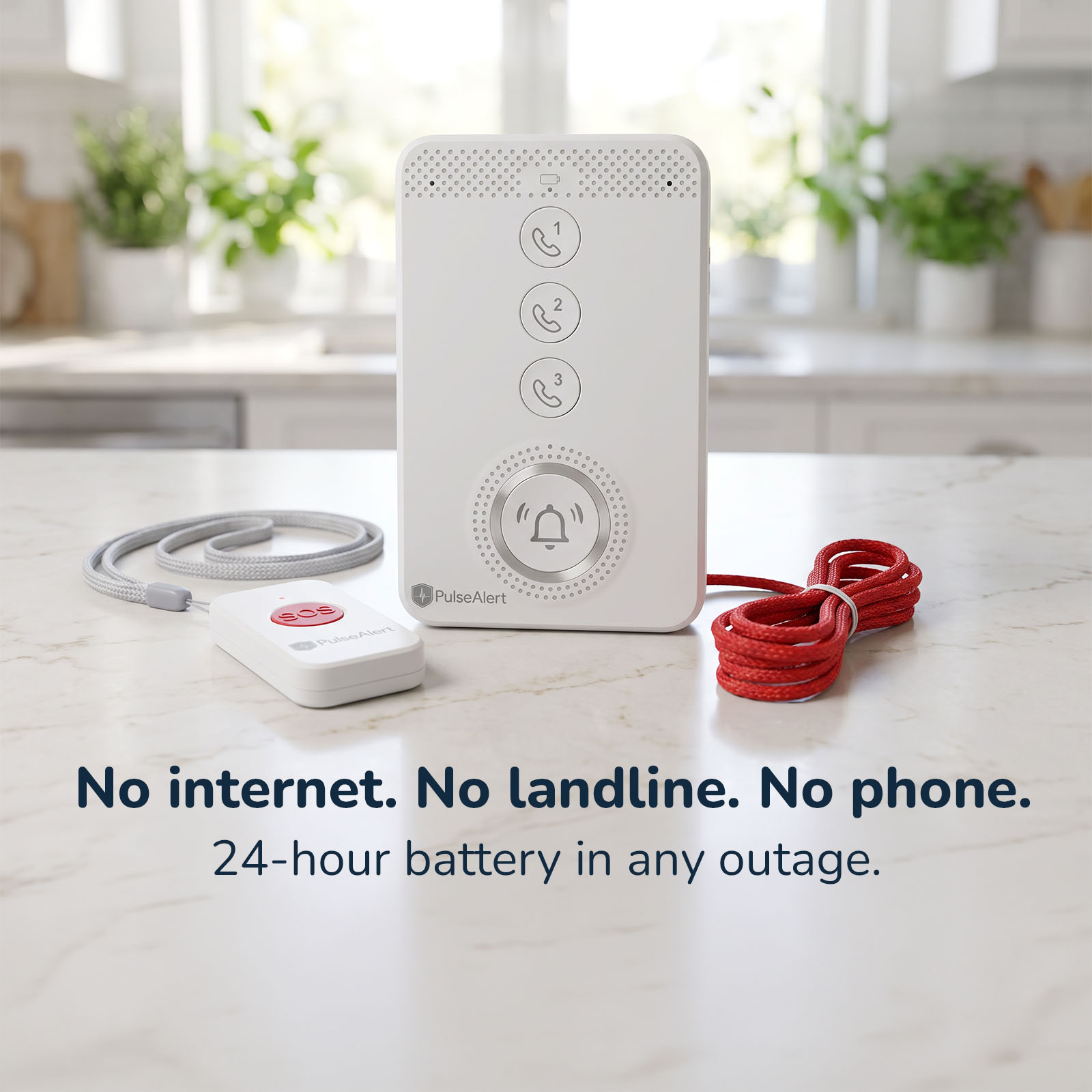 The in-home base unit on a kitchen counter beside the wearable help button on its lanyard and the red pull cord &mdash; no internet, no landline, no phone needed, with a 24-hour backup battery