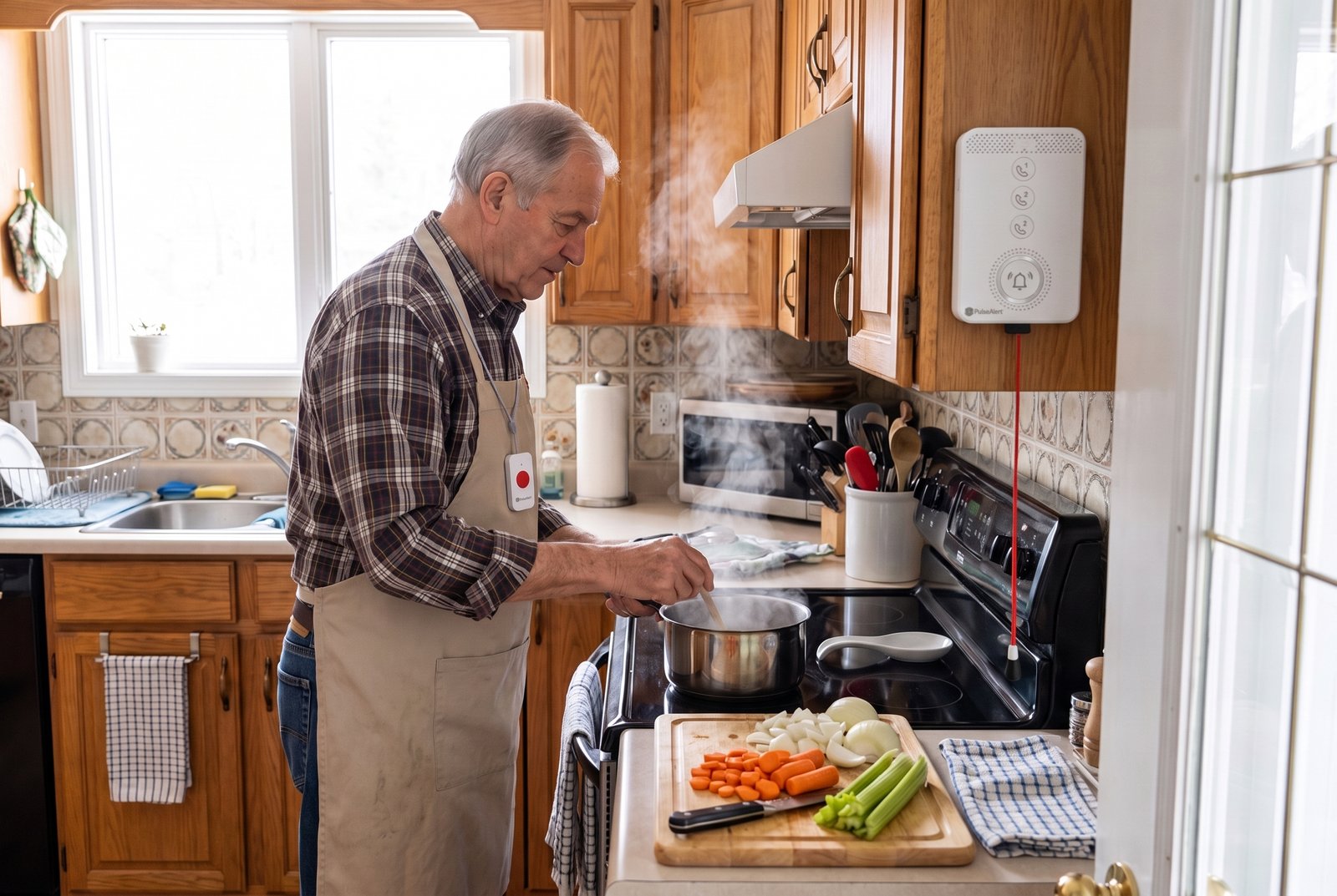 A man cooking dinner wearing the help pendant, the base unit wall-mounted beside the door frame behind him