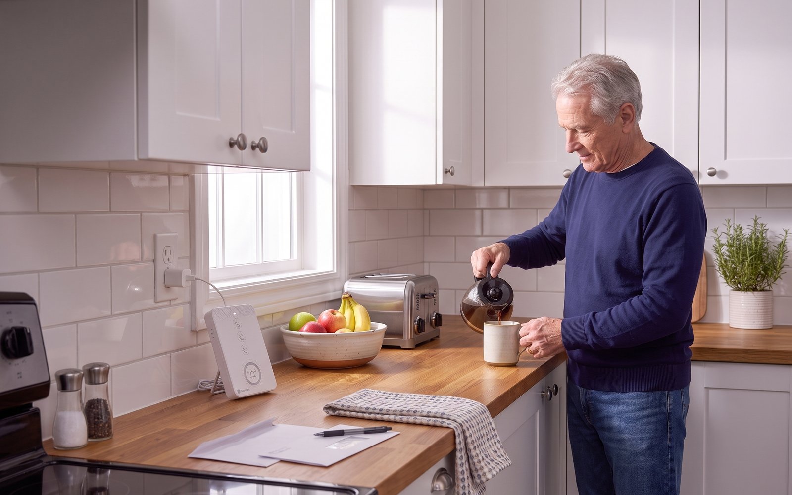 The base unit resting against the kitchen backsplash while a man pours his morning coffee nearby