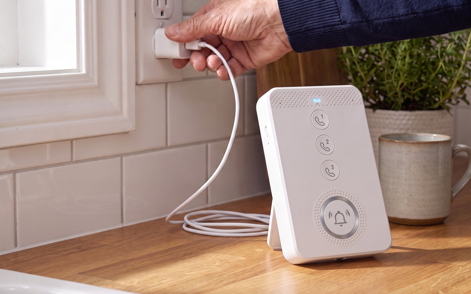 A hand plugging the power adapter into a kitchen outlet, the base unit standing on the counter with its blue light on