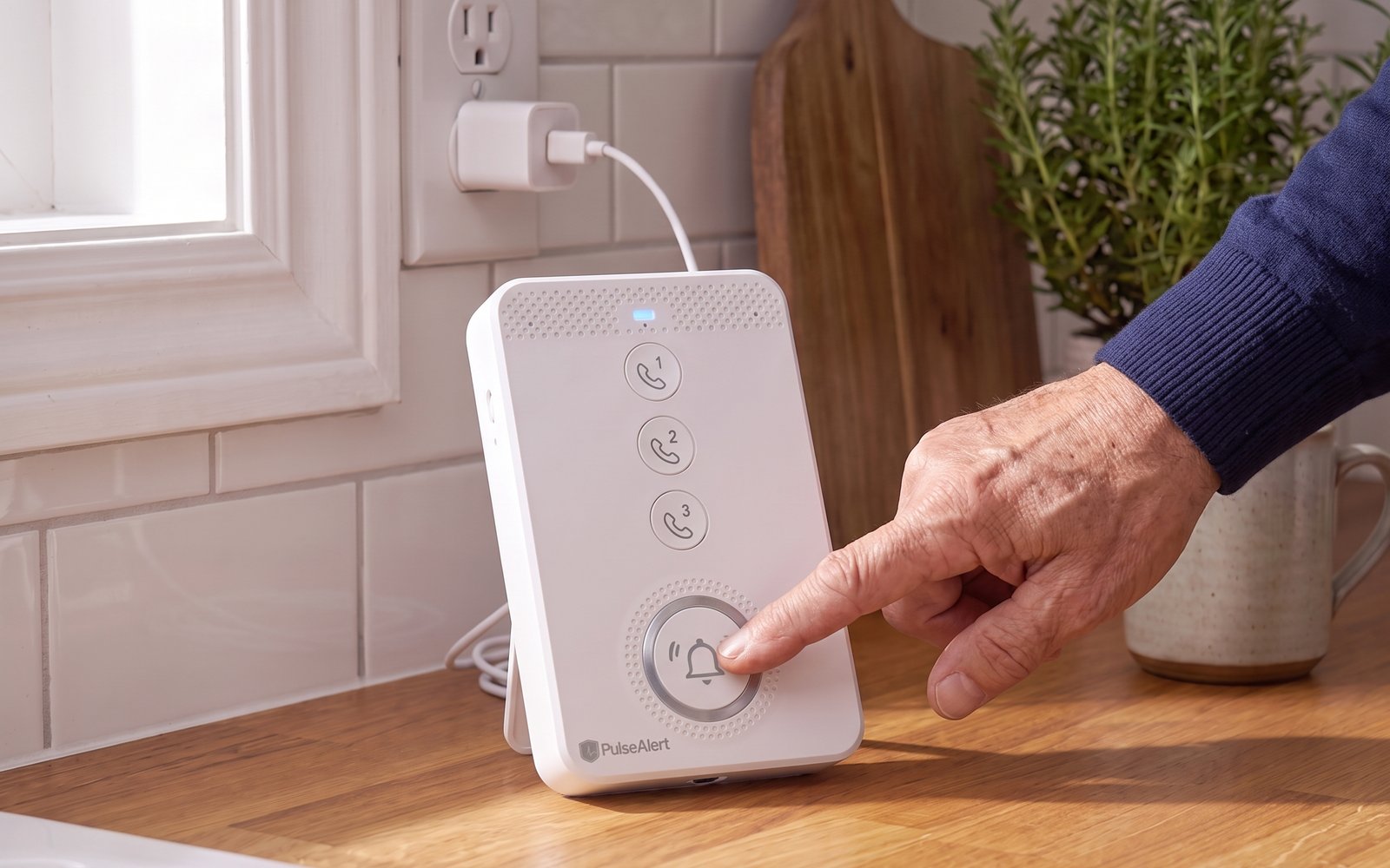 A finger pressing the big white help button on the base unit for a test call