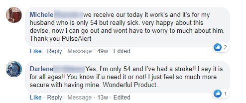 Two Facebook comments: Michele can go out without worrying about her husband, and Darlene, who is 54 and has had a stroke, says it is for all ages.