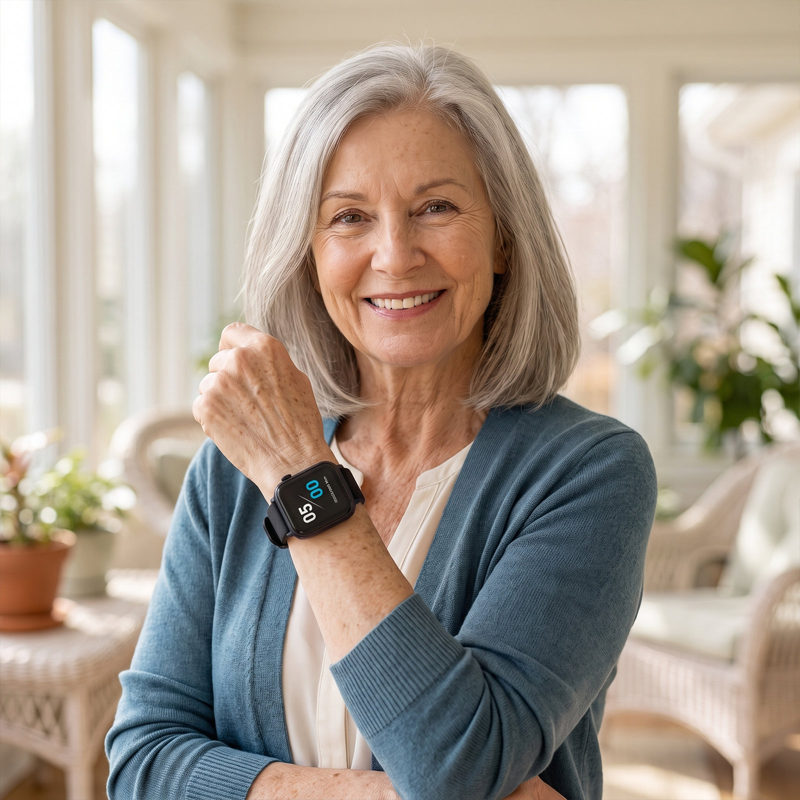 A woman in a bright sunroom smiling, wearing the Life Safety Watch on her wrist