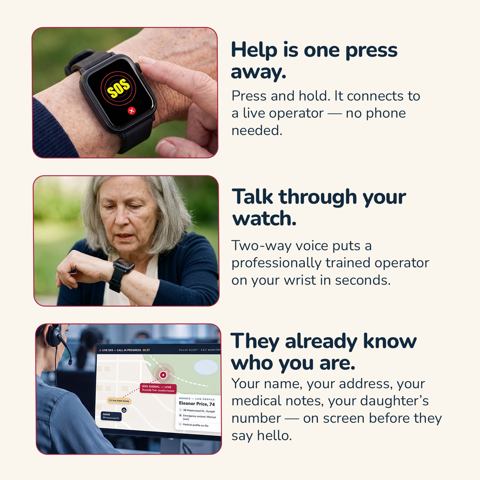 How help works: pressing and holding the SOS button, speaking through the watch, and the operator console already showing the member's name, address and emergency contact