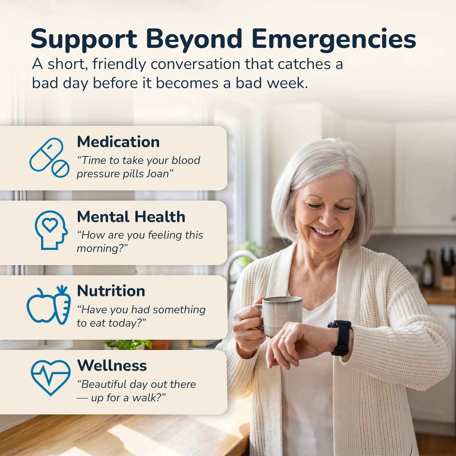 A woman in her kitchen with a coffee mug, looking at the watch &mdash; the Wellness Companion&rsquo;s daily check-in questions on medication, how she&rsquo;s feeling, meals and getting out