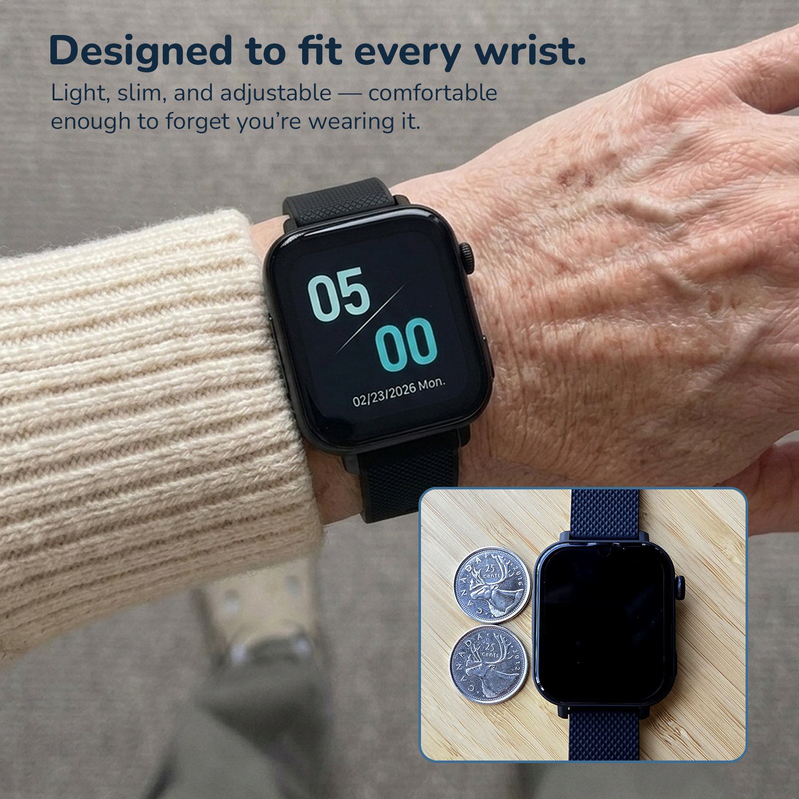 The Life Safety Watch on a wrist beside a sweater cuff, with an inset showing the case next to two Canadian quarters for scale