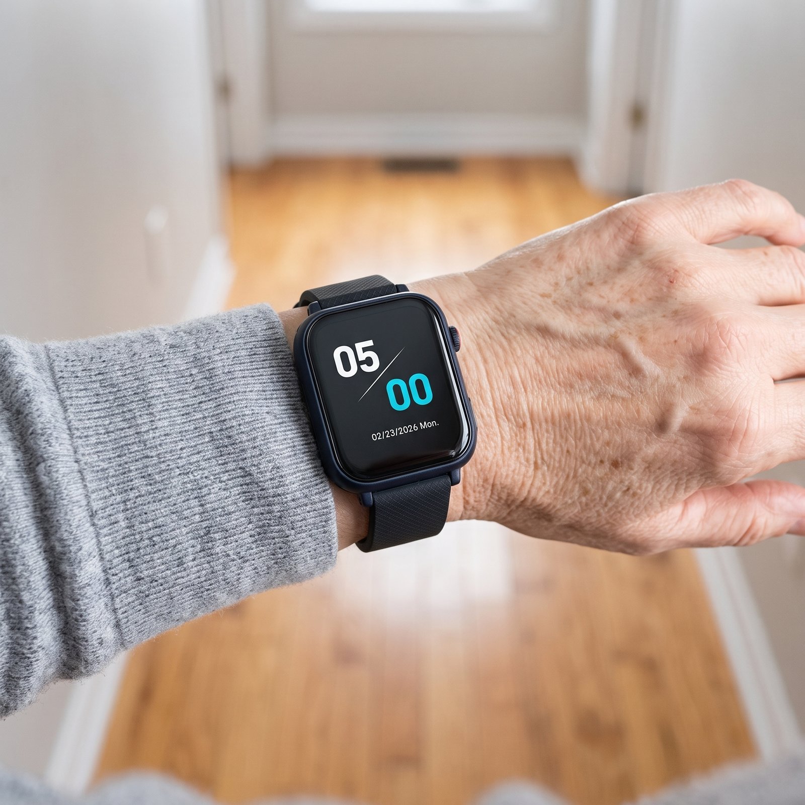 Looking down at the Life Safety Watch worn on the wrist, the time clear on its screen