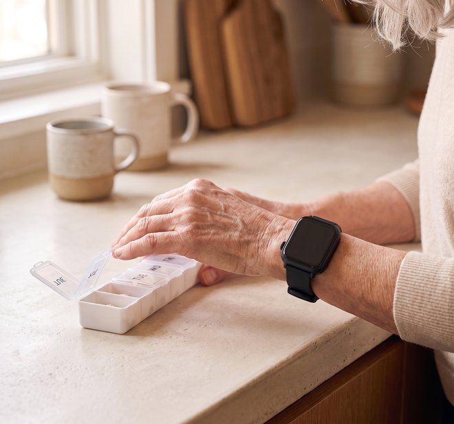 Her hand at an open seven-day pill organiser on the kitchen counter, the watch on her wrist