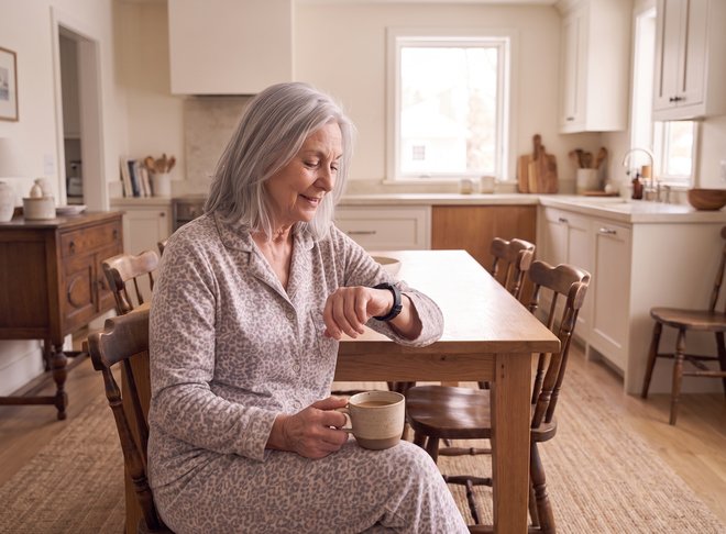 A woman in her seventies in her pyjamas at her dining table early in the morning, coffee in hand, talking to the Wellness Companion through the watch on her wrist