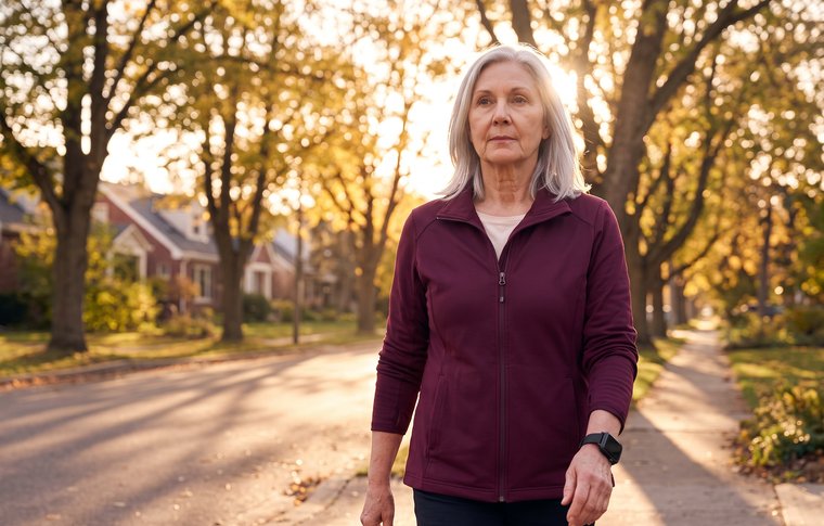 The same woman out for an evening walk on a tree-lined sidewalk, the watch on her wrist