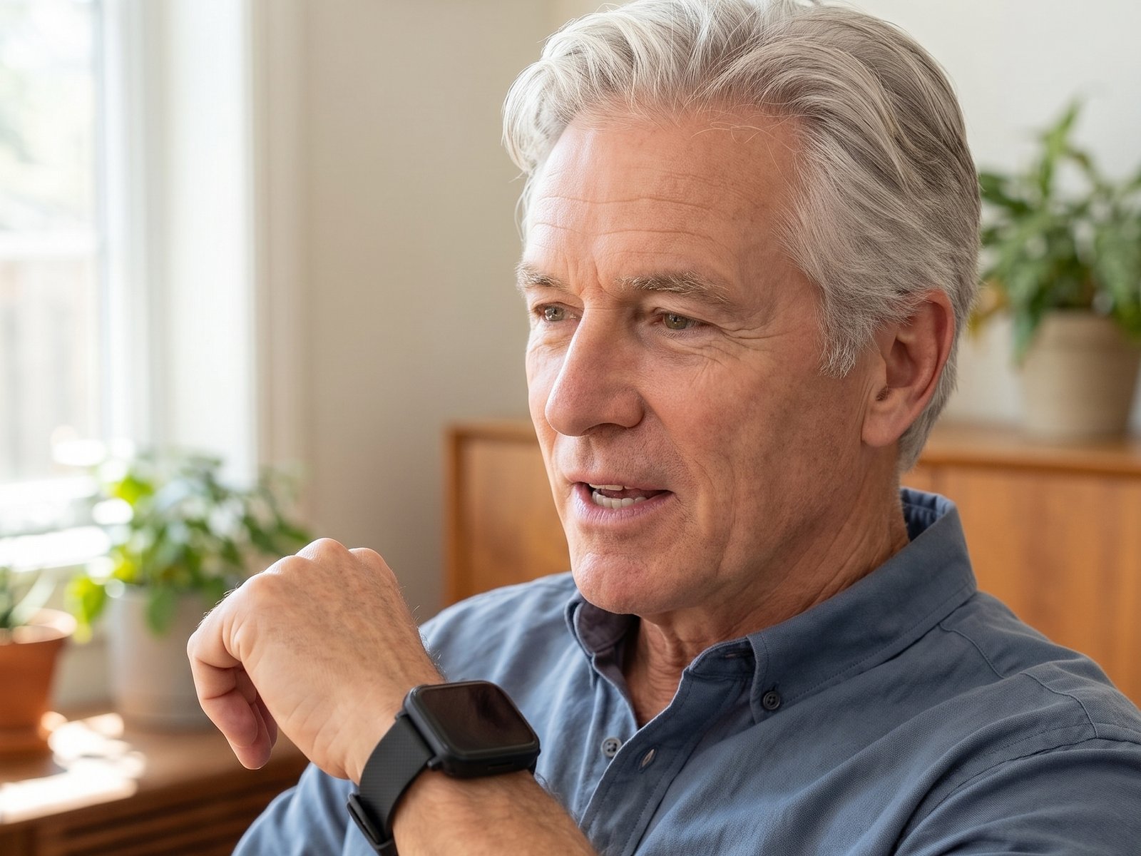 A man mid-sentence, speaking to the watch on his raised wrist in his living room
