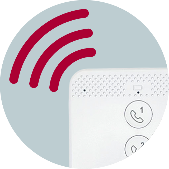 Image of the medical alert system with cellular signal emanating from the corner.