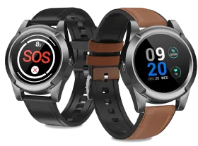 Two fall detection smartwatches, one with a black band and the other with a brown leather band.