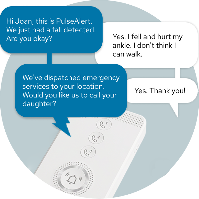 2-way conversation between the base unit and emergency operators of the emergency medical alert system