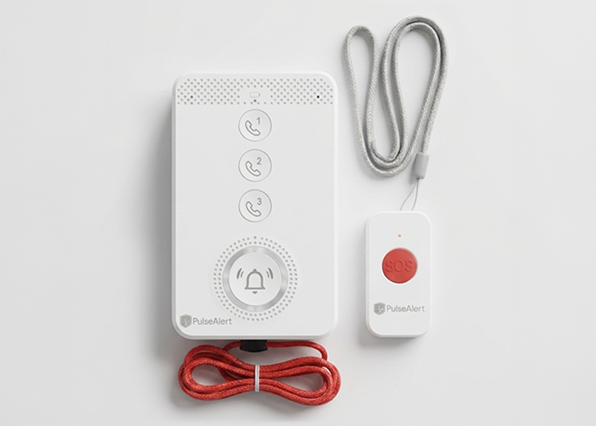 A base unit with a help button, as well as a pendant with a help button, for an emergency medical alert system.