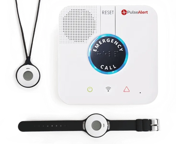 A base unit with a help button, as well as a pendant with a help button, for an emergency medical alert system.