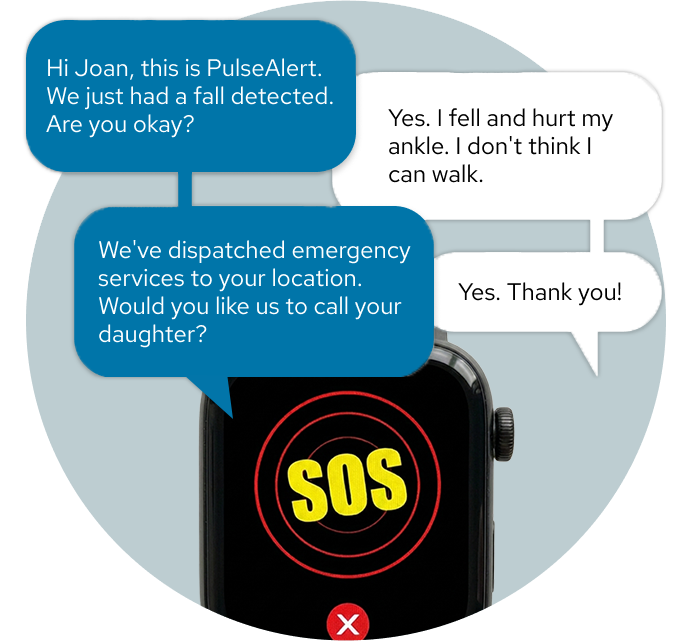 Pulse Alert smartwatch showing a two-way voice conversation with the monitoring centre