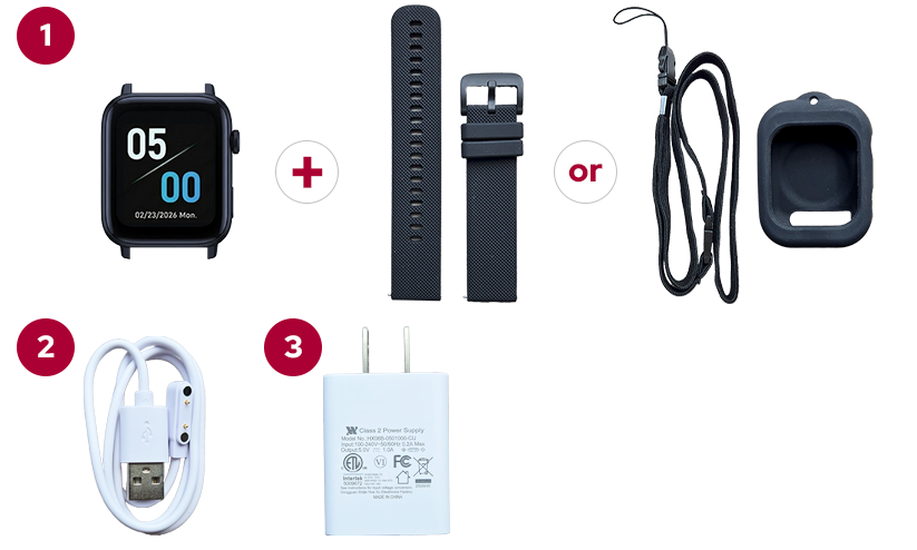 What's included in the ProtectWell Active package — smartwatch (or pendant), charging cable, and USB wall adaptor.