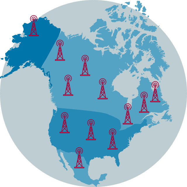 A map of cellular towers across North America, showing