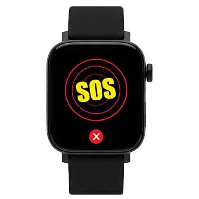 The emergency smartwatch showing the watch face, with text showing "SOS", as it's been enabled.
